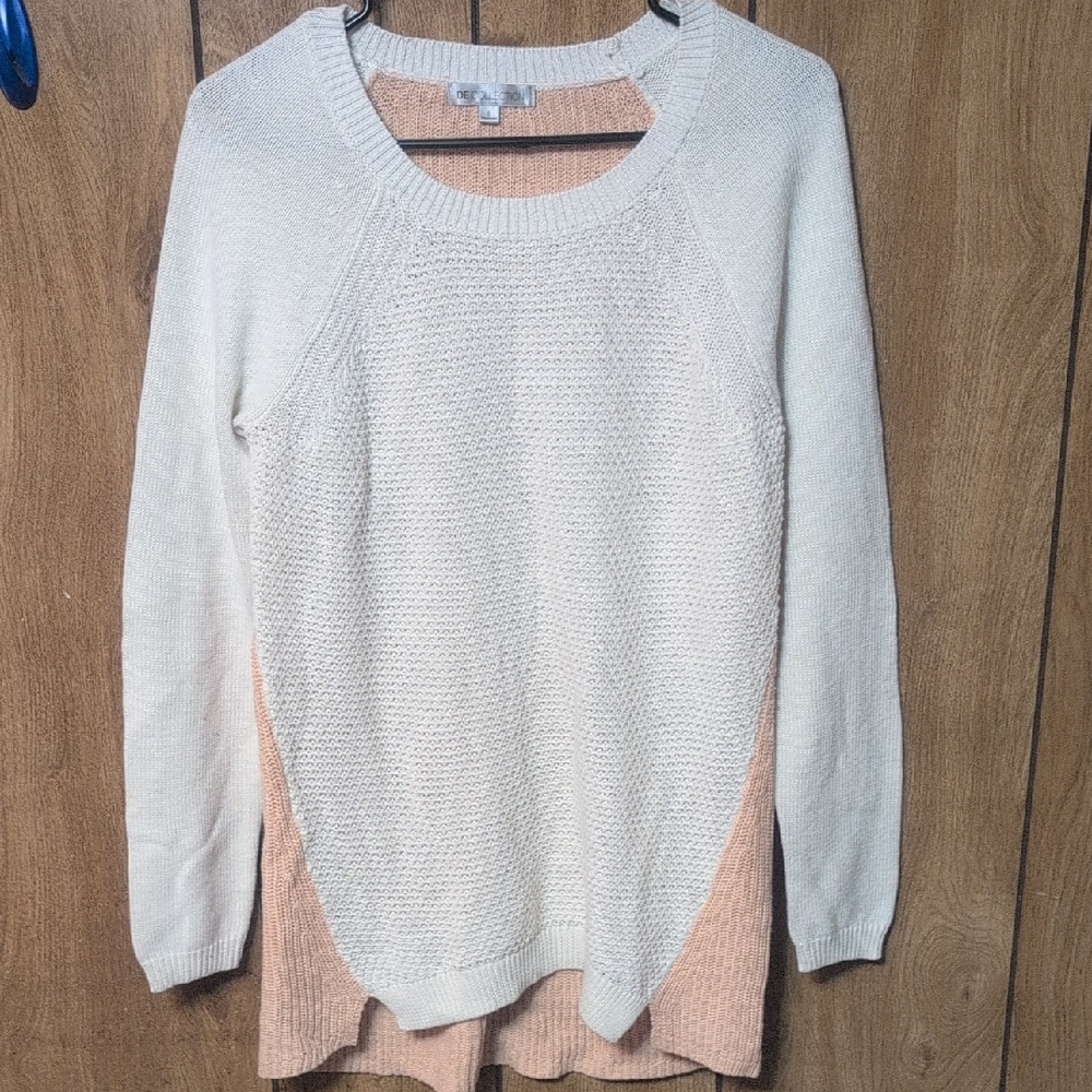 SD Collection Cream and Tan Crew Neck Sweater Soft Knit S1